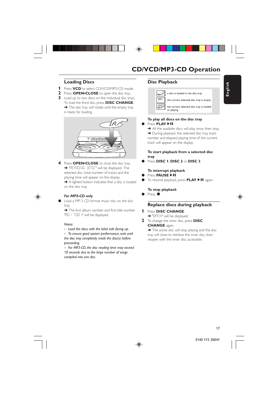 Cd/vcd/mp3-cd operation, Loading discs 1, Disc playback | Replace discs during playback 1 | Philips FW-V787 User Manual | Page 17 / 32