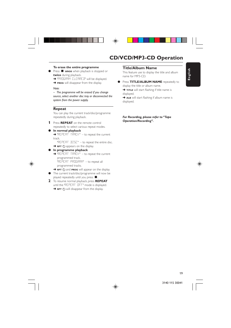 Cd/vcd/mp3-cd operation, Repeat, Title/album name | Philips FW-V787 User Manual | Page 19 / 32