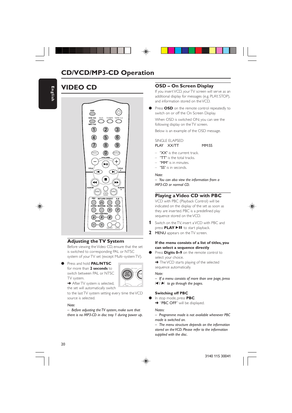 Cd/vcd/mp3-cd operation video cd, Osd – on screen display, Playing a video cd with pbc | Adjusting the tv system | Philips FW-V787 User Manual | Page 20 / 32