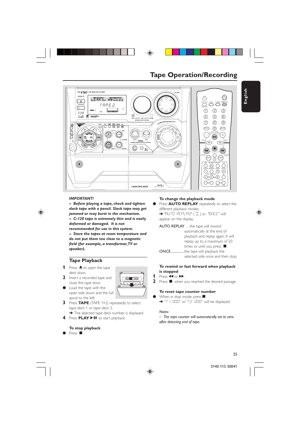 Tape operation/recording, Tape playback 1 | Philips FW-V787 User Manual | Page 25 / 32