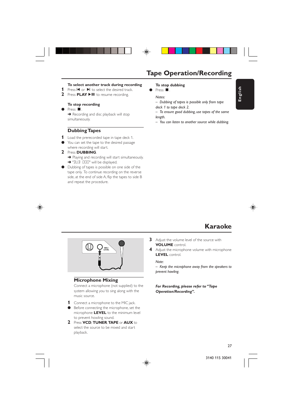 Tape operation/recording, Karaoke | Philips FW-V787 User Manual | Page 27 / 32