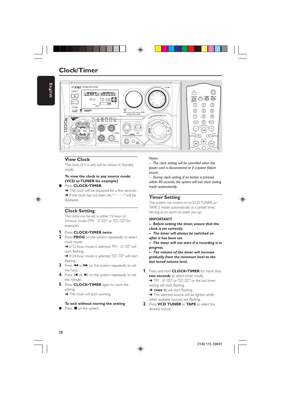 Clock/timer, View clock, Clock setting | Timer setting | Philips FW-V787 User Manual | Page 28 / 32