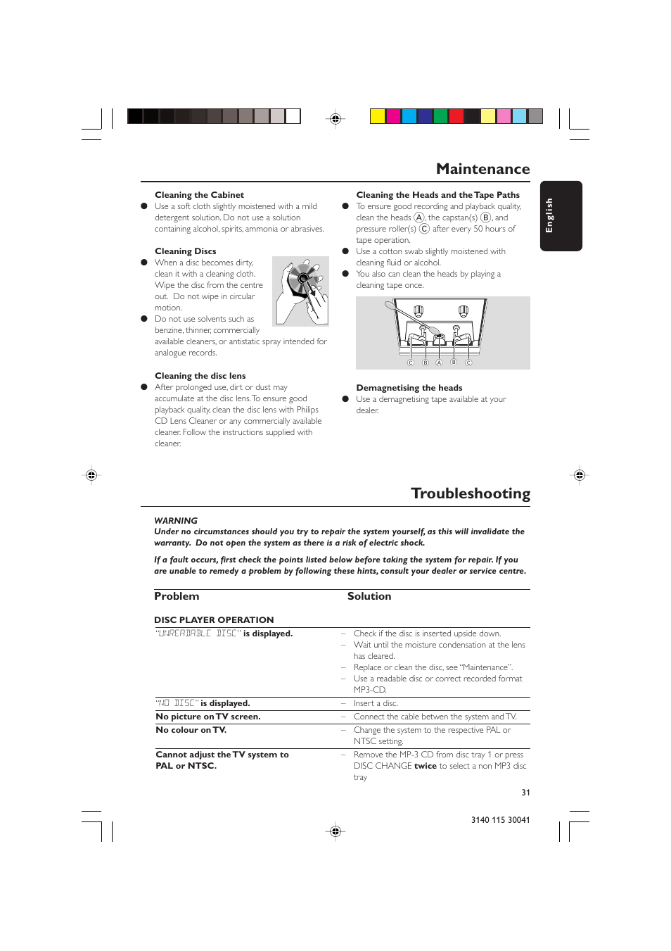 Troubleshooting, Maintenance, Problem solution | Philips FW-V787 User Manual | Page 31 / 32