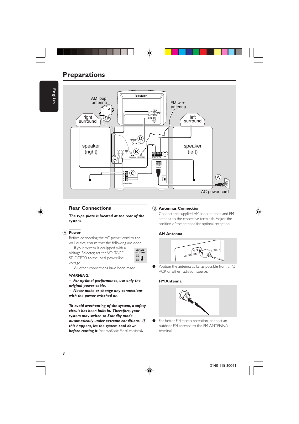Preparations, Ab c, Rear connections | Speaker (right) speaker (left), Left surround right surround, Ac power cord fm wire antenna, Am loop antenna | Philips FW-V787 User Manual | Page 8 / 32