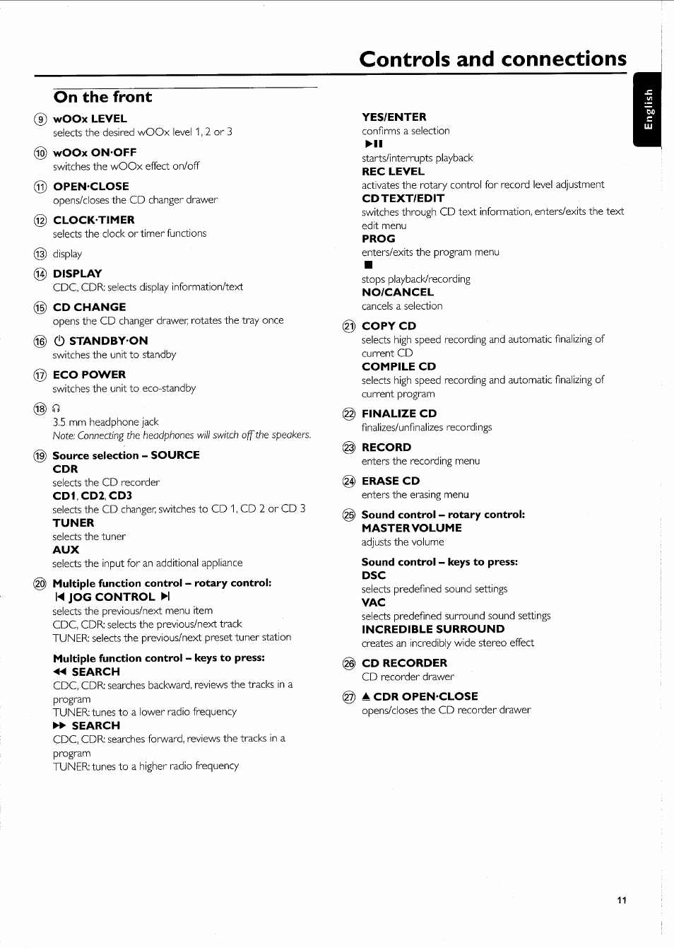 Controls and connections, On the front | Philips FW-R55 User Manual | Page 11 / 84