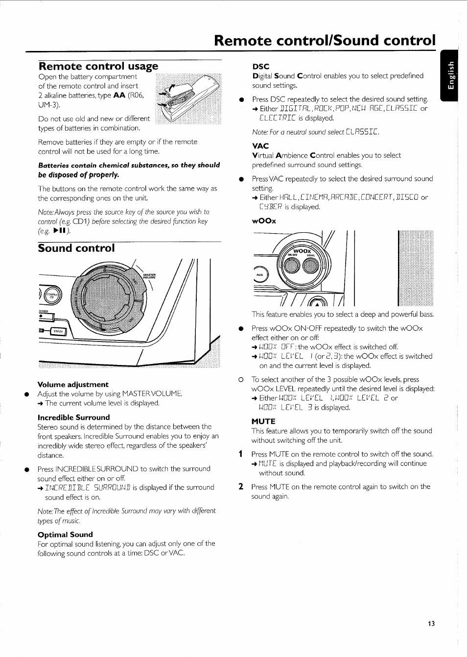 Remote control/sound control, Remote control usage, Sound control | Volume adjustment, Incredible surround, Woox, Mute | Philips FW-R55 User Manual | Page 13 / 84