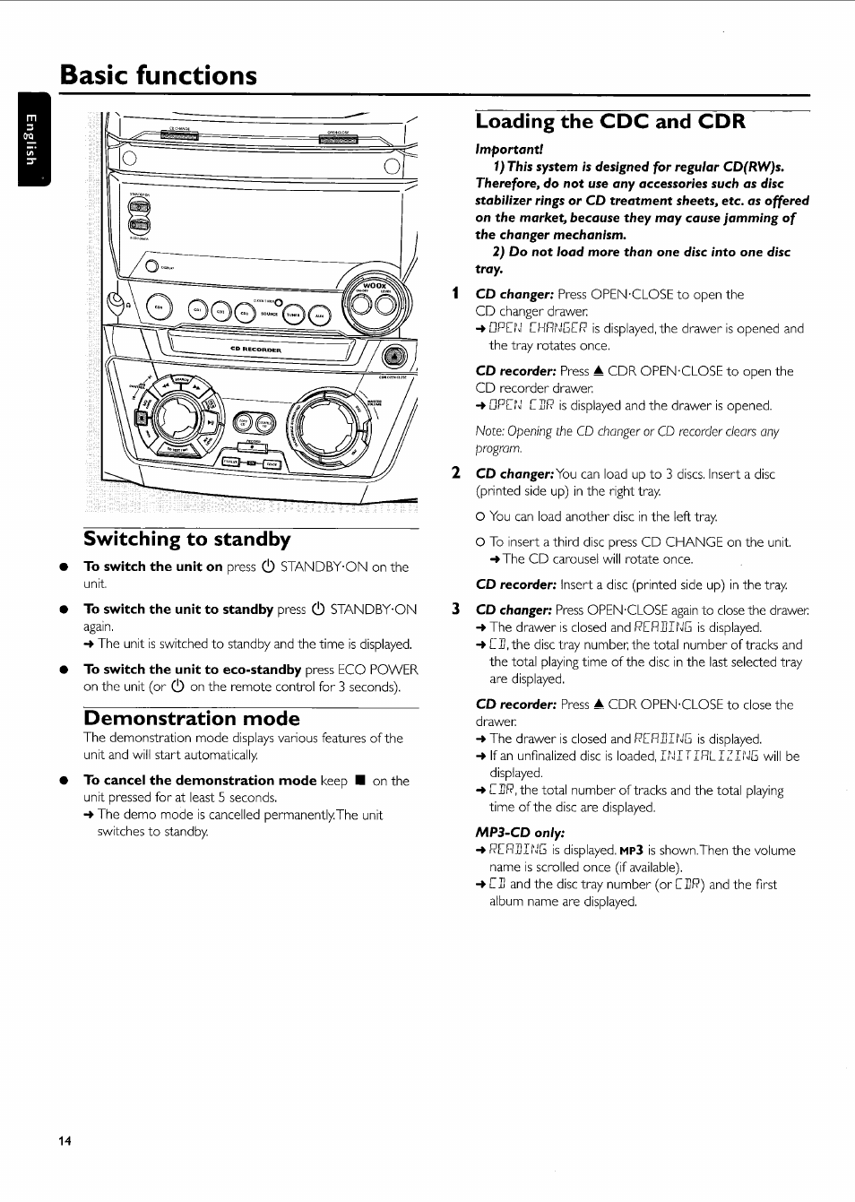 Switching to standby, Demonstration mode, Loading the cdc and cdr | Basic functions | Philips FW-R55 User Manual | Page 14 / 84