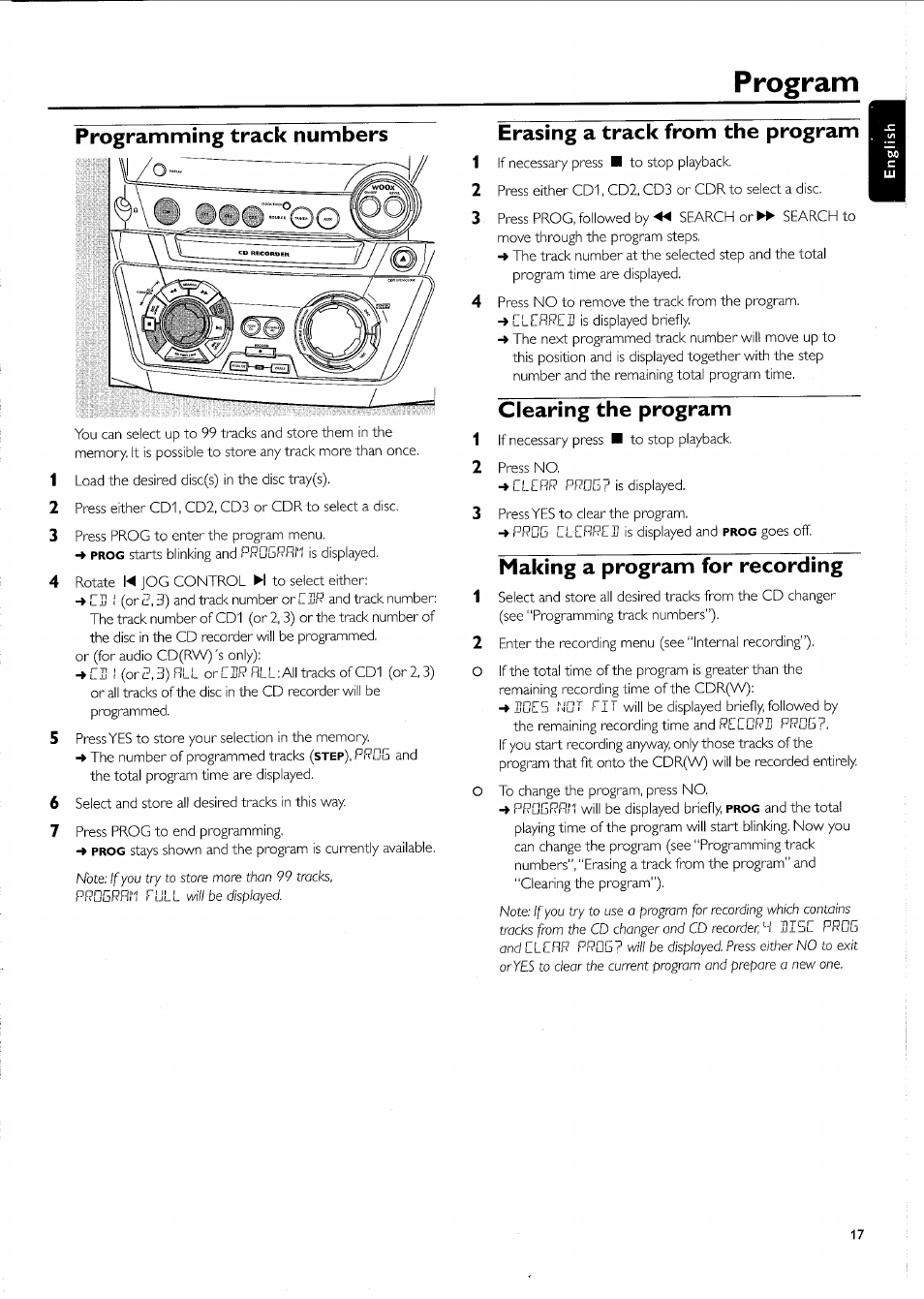 Programming track numbers, Erasing a track from the program, Clearing the program | Making a program for recording, Program | Philips FW-R55 User Manual | Page 17 / 84