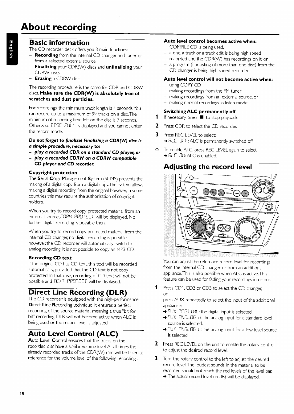 Bask information, Direct line recording (dlr), Auto level control (alc) | Auto level control becomes active when, Auto level control will not become active when, Adjusting the record level, About recording | Philips FW-R55 User Manual | Page 18 / 84