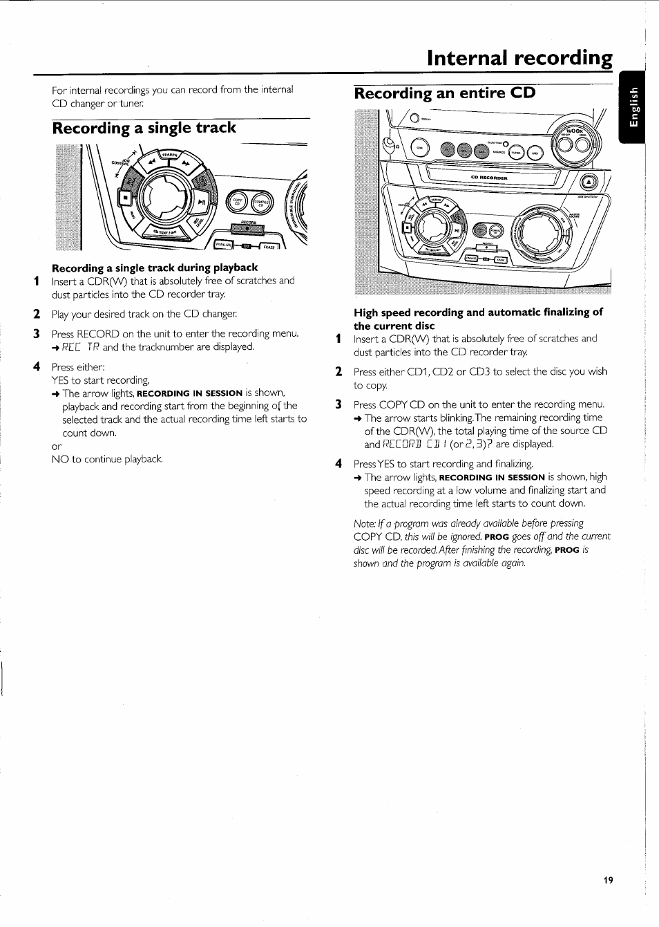 Recording a single track, Recording an entire cd, Recording a single track during playback | Internal recording, Recording a single track recording an entire cd | Philips FW-R55 User Manual | Page 19 / 84