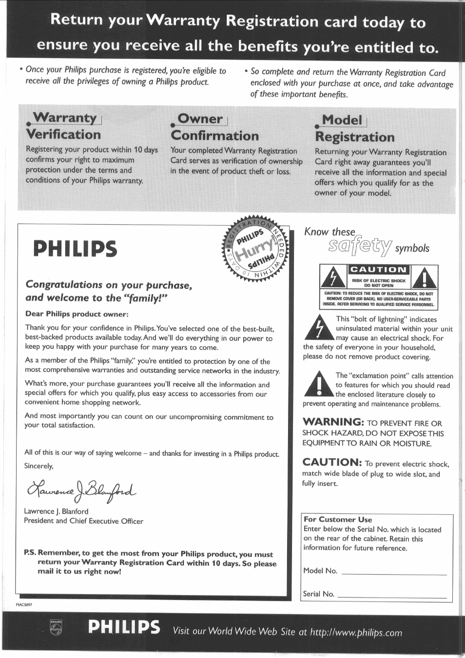 Dear philips product owner, Philips, Warranty i verification | Owner i confirmation, Model i registration, Warning, Caution | Philips FW-R55 User Manual | Page 2 / 84