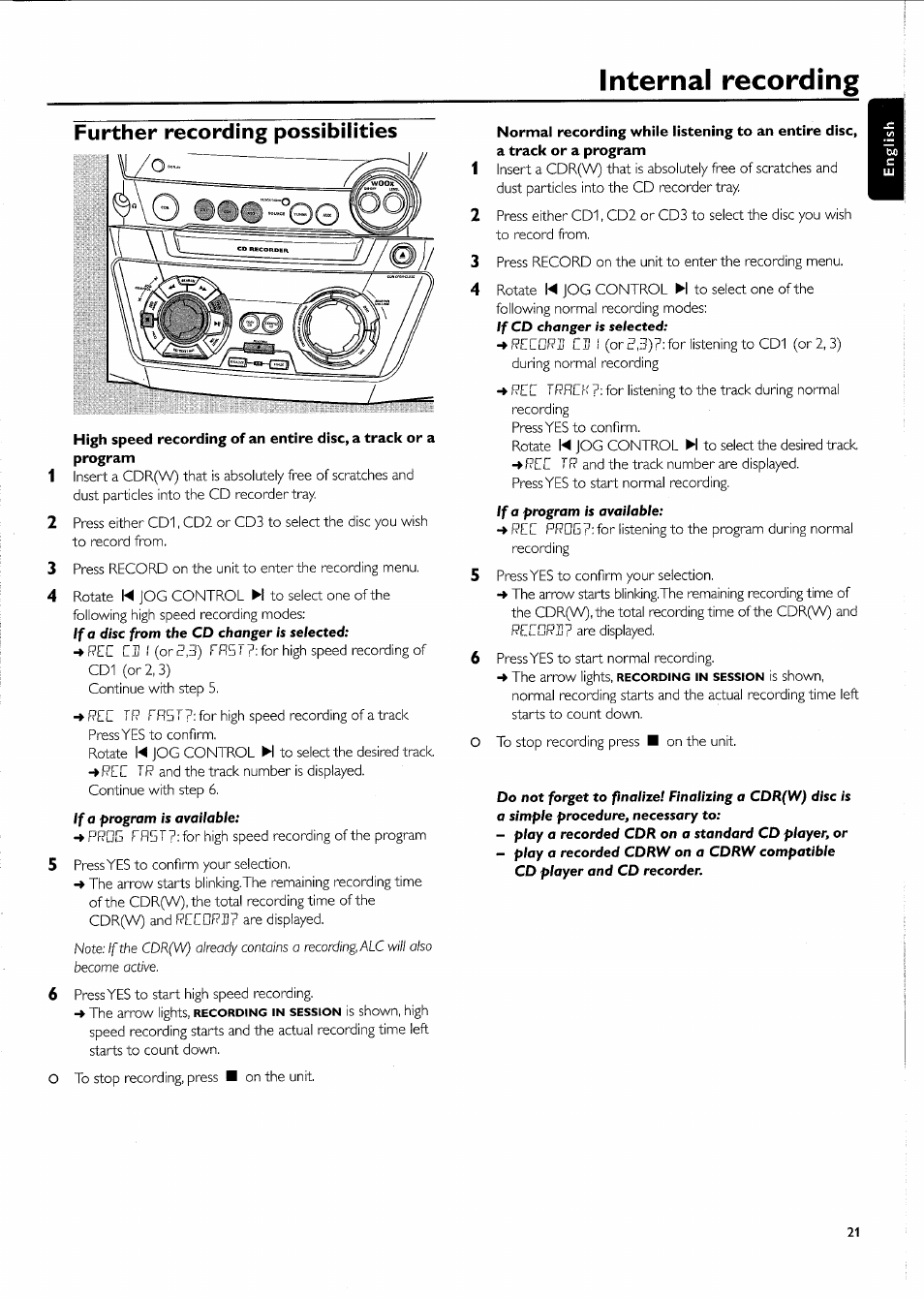 Further recording possibilities, Internal recording | Philips FW-R55 User Manual | Page 21 / 84