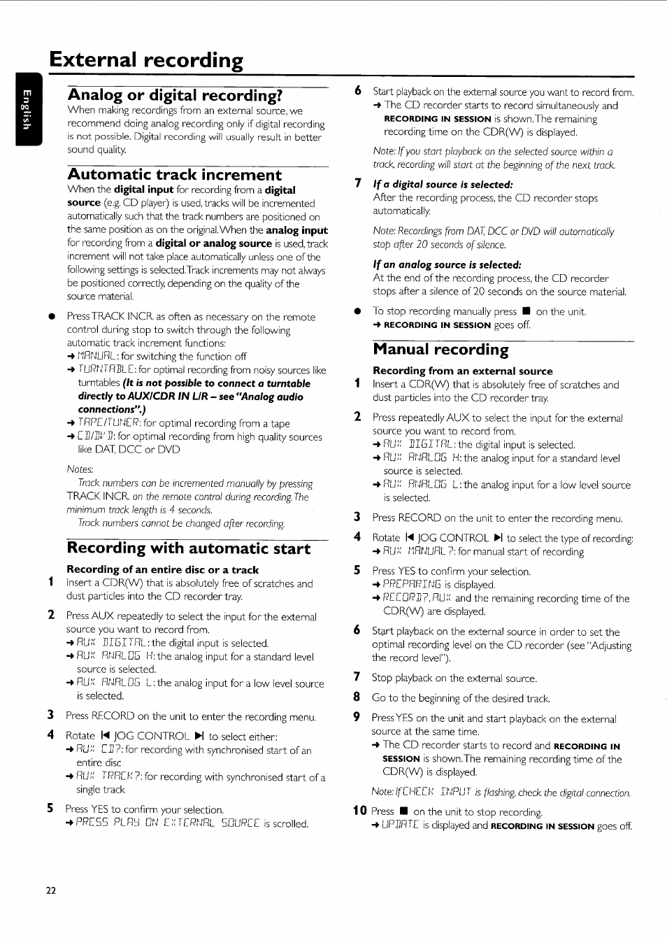 Analog or digital recording, Automatic track increment, Recording with automatic start | Manual recording, External recording | Philips FW-R55 User Manual | Page 22 / 84