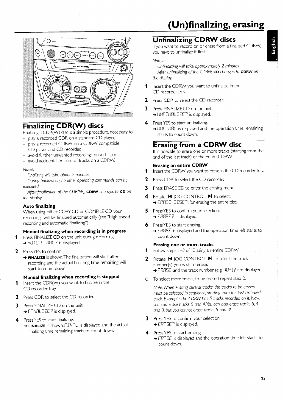 Finalizing cdr(w) discs, Unfinalizing cdrw discs, Erasing from a cdrw disc | Un)finalizing, erasing | Philips FW-R55 User Manual | Page 23 / 84