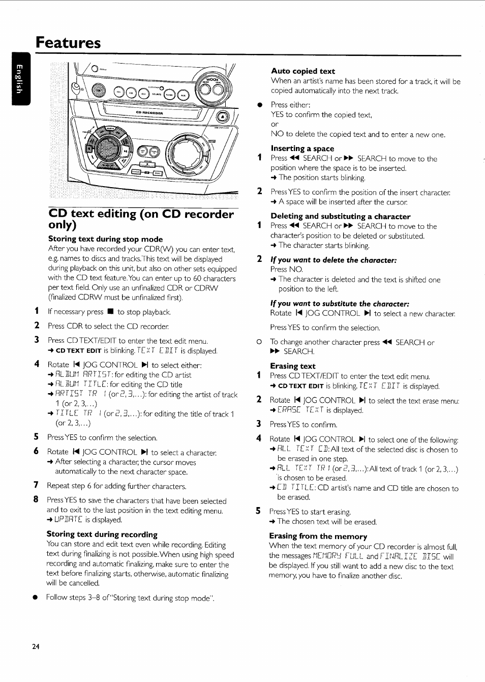 Features, Cd text editing (on cd recorder only), Auto copied text | Erasing text | Philips FW-R55 User Manual | Page 24 / 84