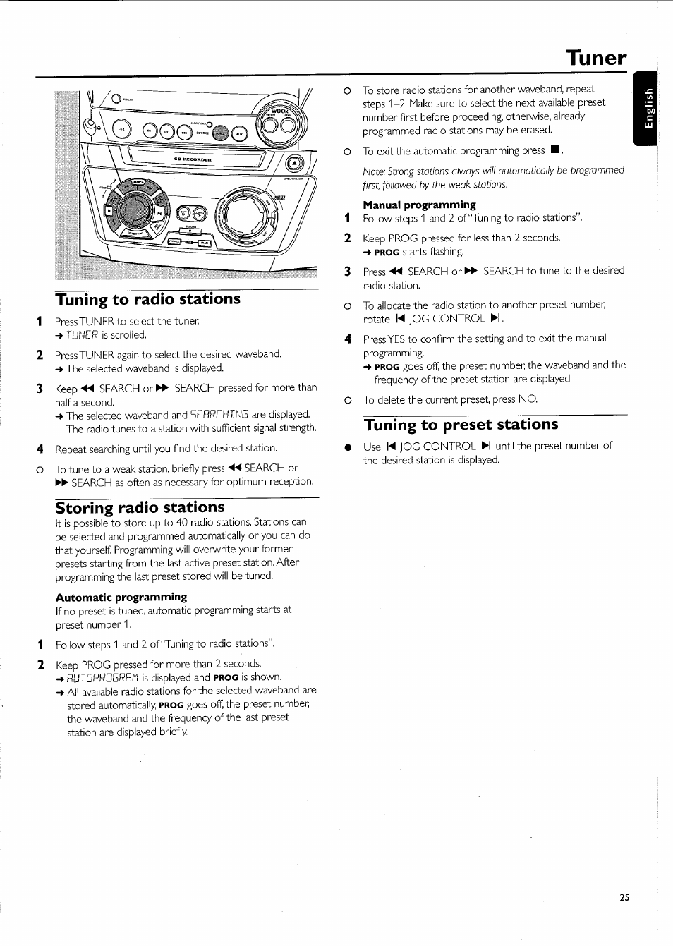 Storing radio stations, Tuning to preset stations, Tuner | Philips FW-R55 User Manual | Page 25 / 84