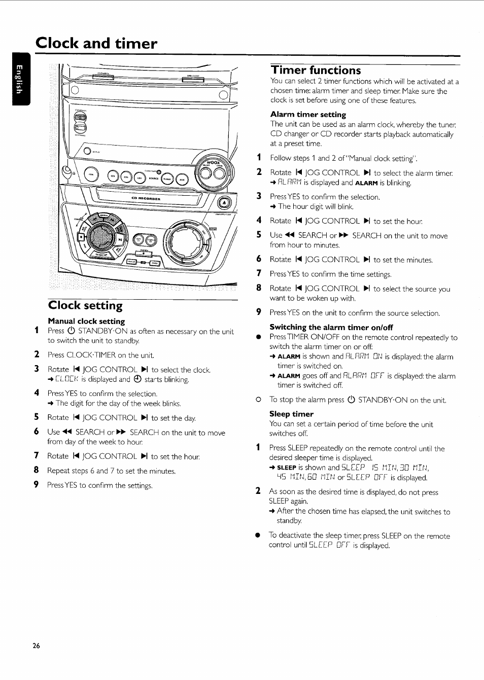 Clock and timer, Clock setting, Timer functions | Philips FW-R55 User Manual | Page 26 / 84