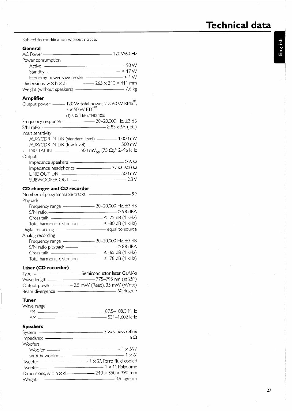 Technical data | Philips FW-R55 User Manual | Page 27 / 84