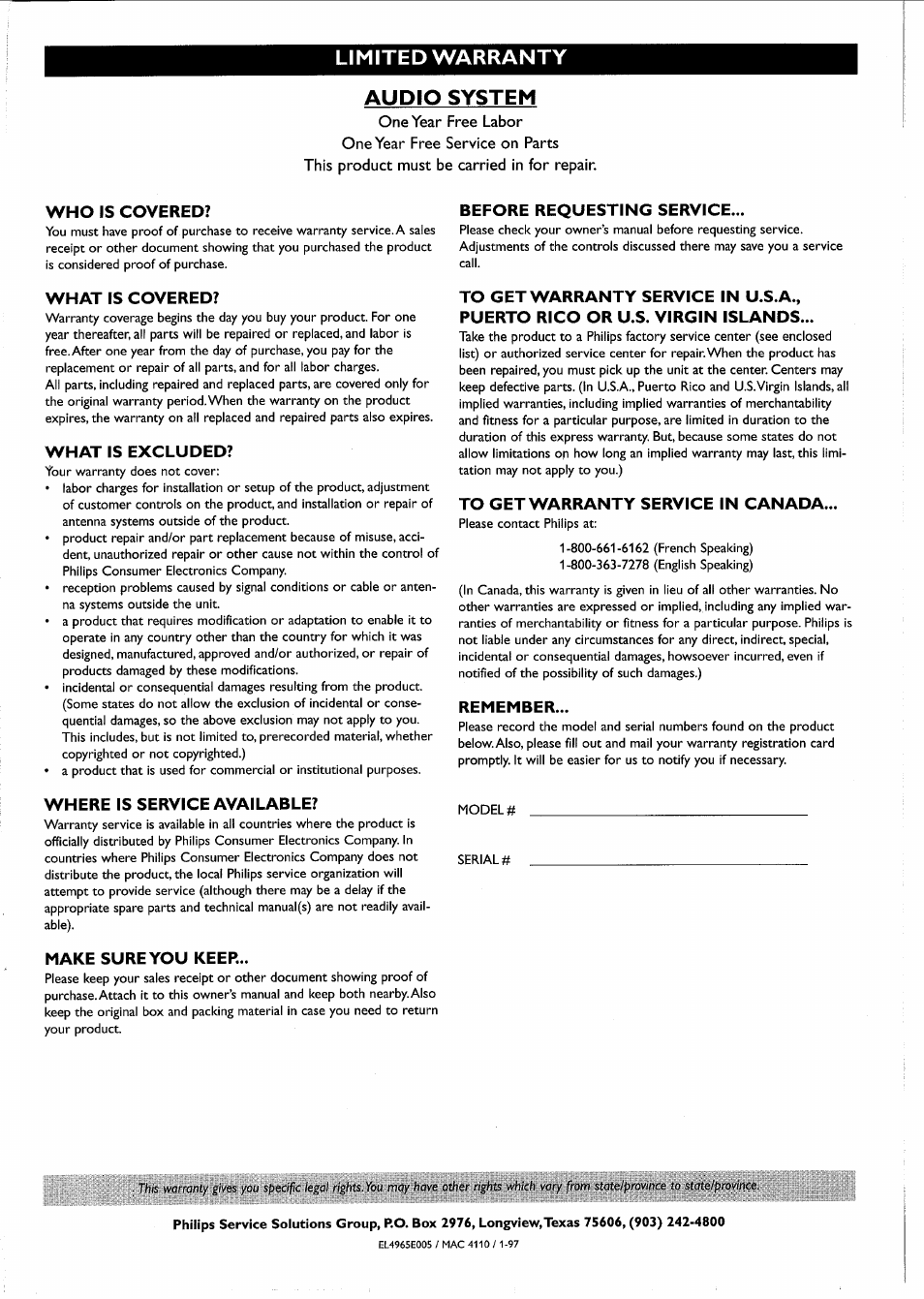 Limited warranty, Audio system, Limited warranty audio system | Philips FW-R55 User Manual | Page 29 / 84