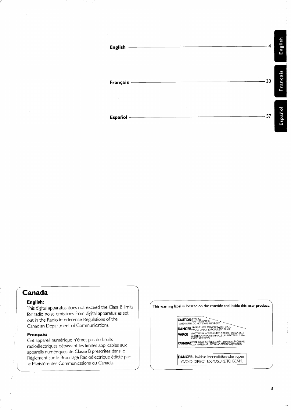 English, Français, Español | Canada, English français 30 español 57 | Philips FW-R55 User Manual | Page 3 / 84