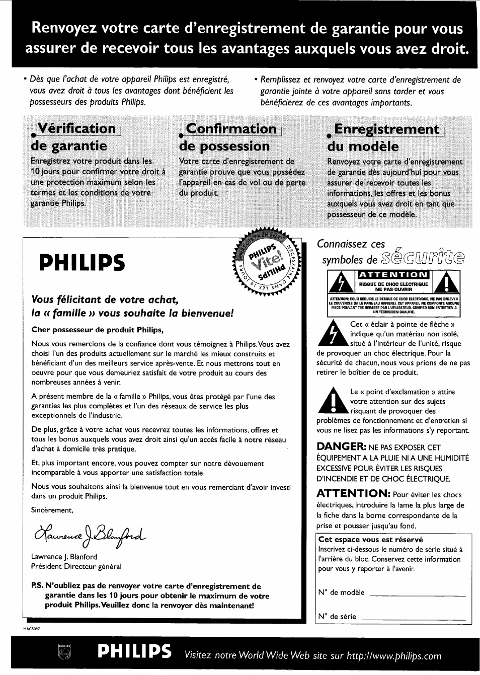 Cher possesseur de produit philips, Cet espace vous est réservé, Philips | Irmvnrm, Vérification de garantie, Confirmation de possession, Enregistrement du modèle, Danger, Attention | Philips FW-R55 User Manual | Page 30 / 84