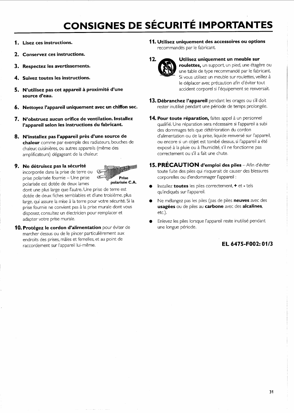 Consignes de securite importantes, Lisez ces instructions, Conservez ces instructions | Respectez les avertissements, Suivez toutes les instructions, Nettoyez l’appareil uniquement avec un chiffon sec, Ne détruisez pas la sécurité, Utilisez uniquement des accessoires ou options | Philips FW-R55 User Manual | Page 31 / 84