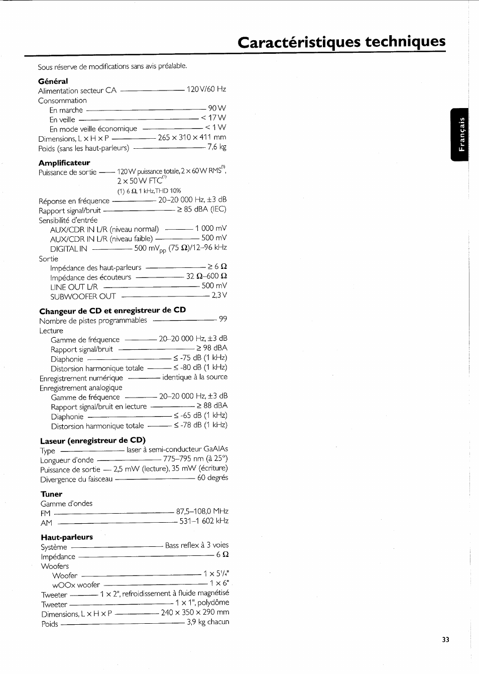 Caractéristiques techniques | Philips FW-R55 User Manual | Page 33 / 84