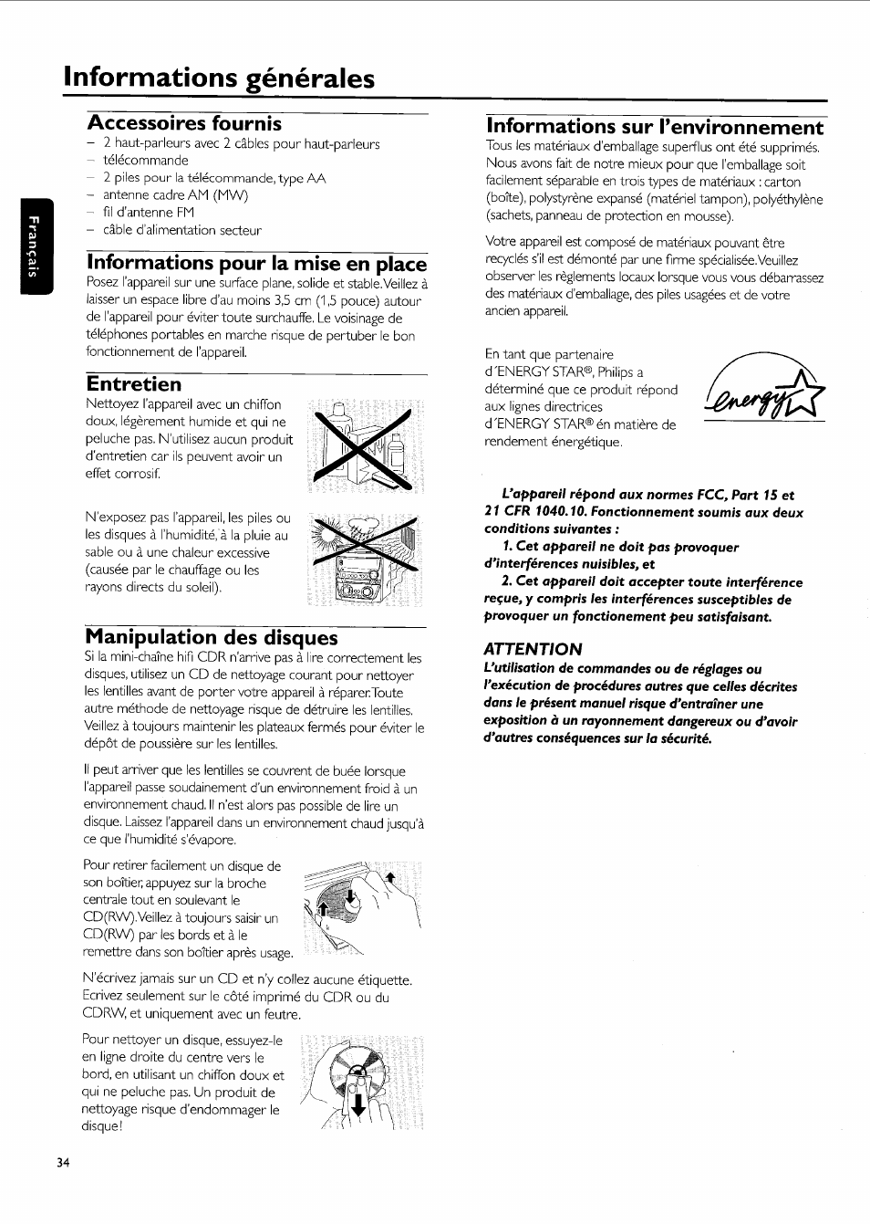 Informations générales, Accessoires fournis, Informations pour la mise en place | Entretien, Manipulation des disques, Informations sur l’environnement | Philips FW-R55 User Manual | Page 34 / 84