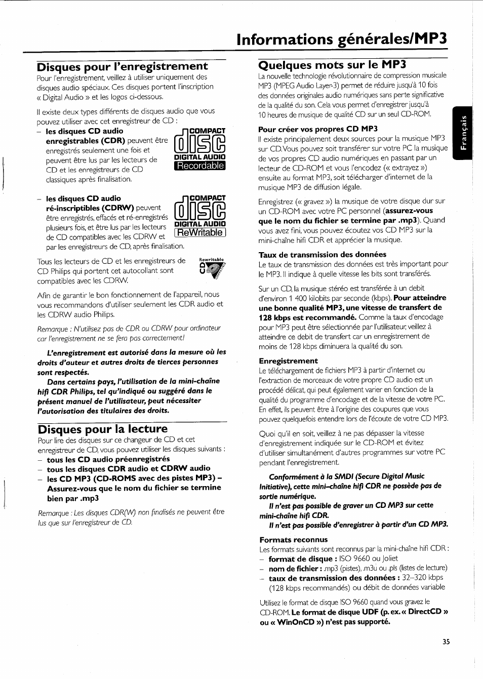 Disques pour penregistrement, Disques pour la lecture, Quelques mots sur le mp3 | Taux de transmission des données, Informations générales/mp3, I rewritable i | Philips FW-R55 User Manual | Page 35 / 84