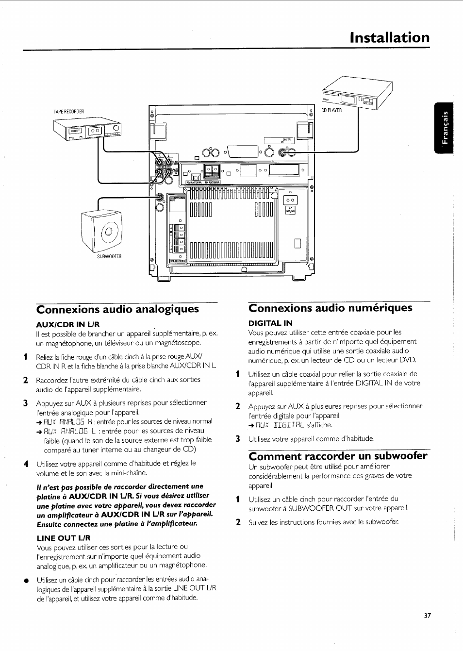 Installation, Connexions audio analogiques, Aux/cdr in l/r | Line out l/r, Connexions audio numériques, Digital in, Comment raccorder un subwoofer | Philips FW-R55 User Manual | Page 37 / 84