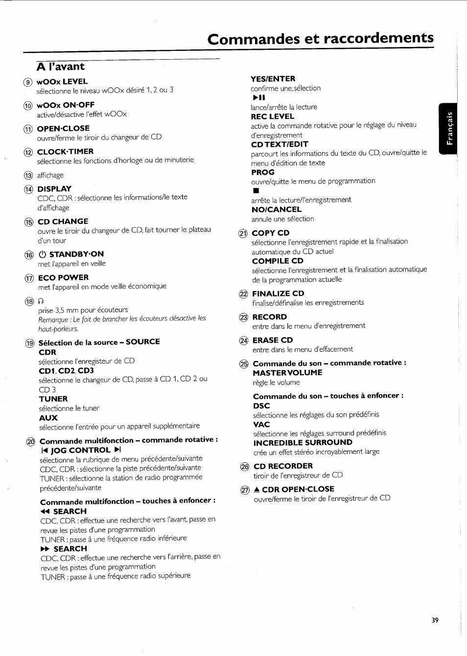 Commandes et raccordements, A pavant, Open-close | Clock-timer, Cd change, G) eco power, Tuner, Yes/enter, Cdtext/edit, Prog | Philips FW-R55 User Manual | Page 39 / 84