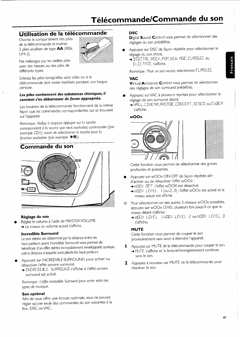 Télécommande/commande du son, Utilisation de la télécommande, Commande du son | Réglage du son, Incredible surround, Woox, Mute | Philips FW-R55 User Manual | Page 41 / 84