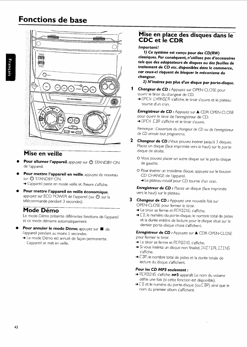 Cdc et le cdr, Mise en veille, Mode démo | Fonctions de base, Lp ' of mise en place des disques dans le | Philips FW-R55 User Manual | Page 42 / 84