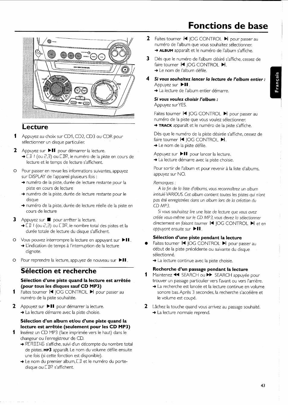 Lecture, Sélection et recherche, Fonctions de base | Philips FW-R55 User Manual | Page 43 / 84