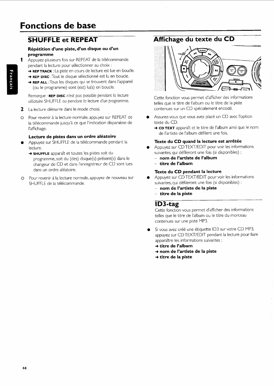 Fonctions de base, Shuffle et repeat, Affichage du texte du cd | Id3-tag | Philips FW-R55 User Manual | Page 44 / 84