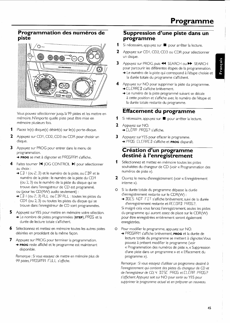 Programmation des numéros de piste, Suppression d’une piste dans un programme, Effacement du programme | Création d’un programme destiné à [’enregistrement, Programme | Philips FW-R55 User Manual | Page 45 / 84