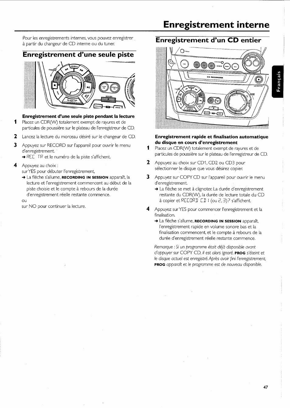 Enregistrement d’une seule piste, Enregistrement d’un cd entier, Enregistrement interne | Philips FW-R55 User Manual | Page 47 / 84
