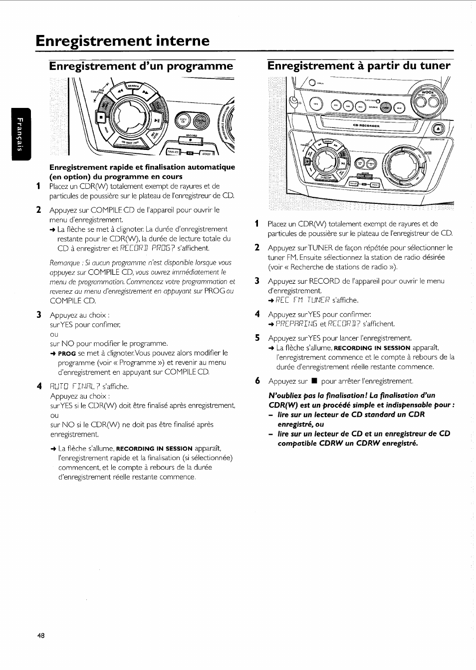 Enregistrement d’un programme, Enregistrement à partir du tuner, Enregistrement interne | Philips FW-R55 User Manual | Page 48 / 84