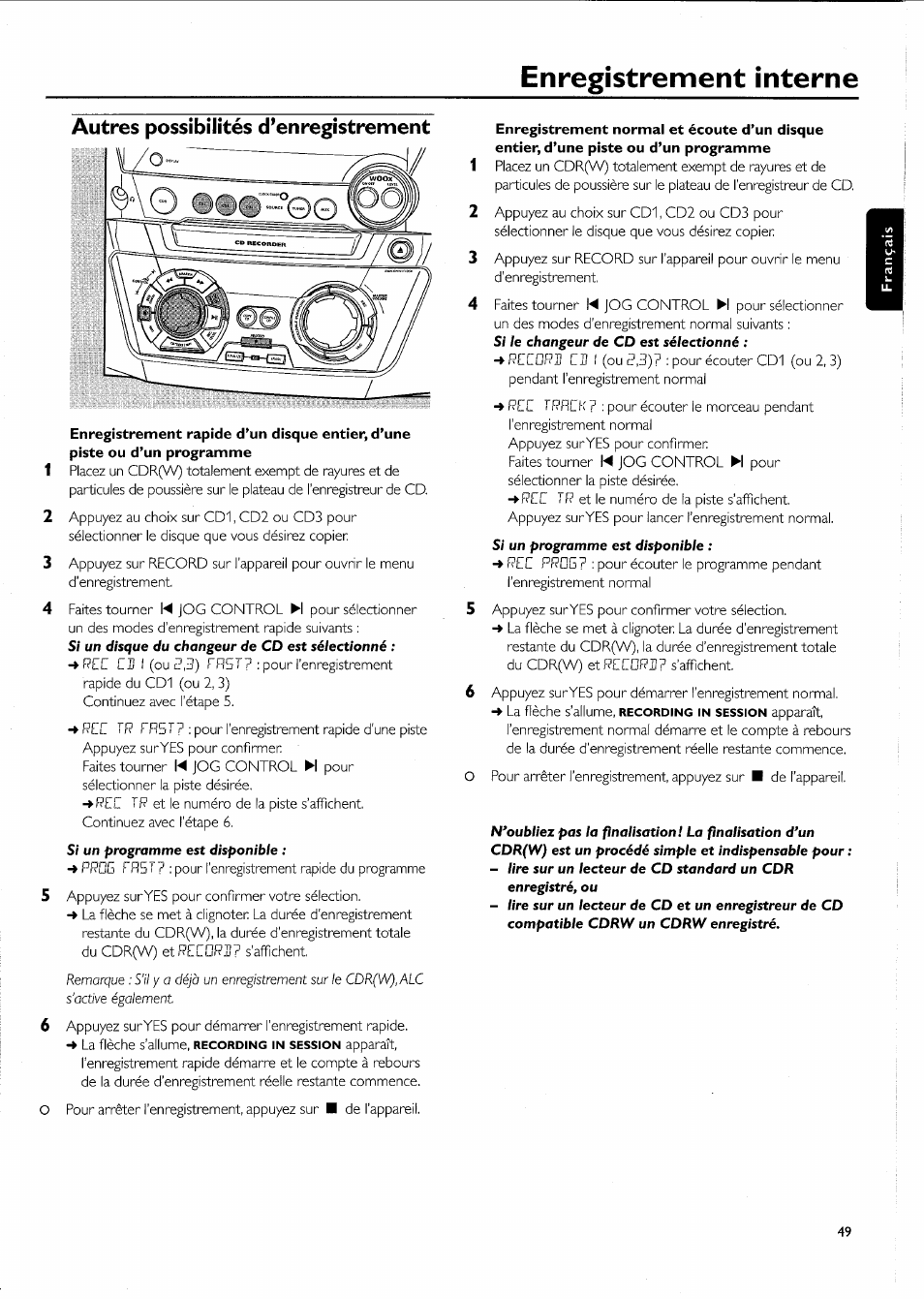 Autres possibilités d’enregistrement, Enregistrement interne | Philips FW-R55 User Manual | Page 49 / 84