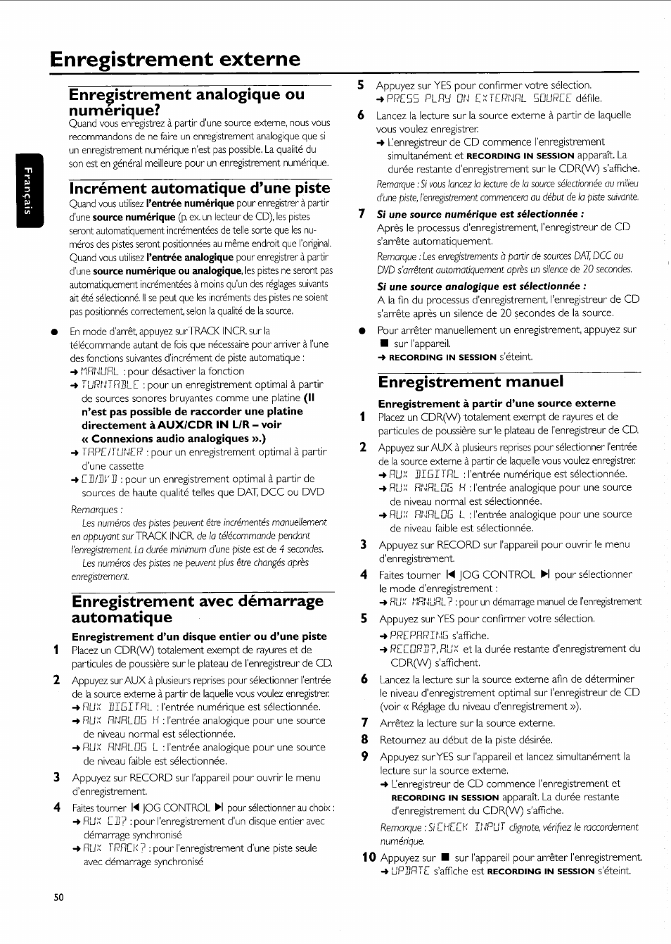Enregistrement analogique ou numérique, Incrément automatique d’une piste, Enregistrement avec démarrage automatique | Enregistrement manuel, Enregistrement externe | Philips FW-R55 User Manual | Page 50 / 84