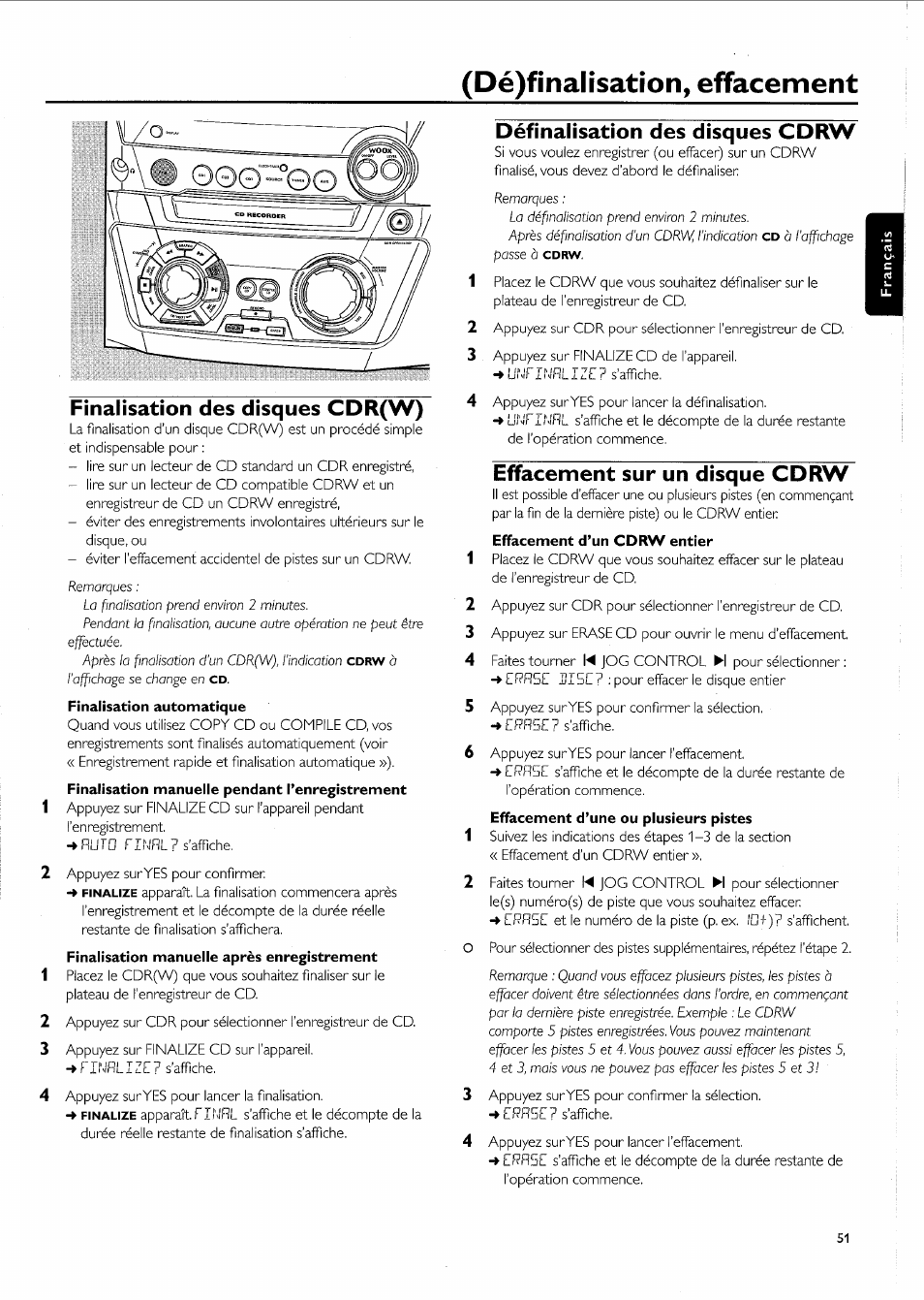 Finalisation des disques cdr(w, Définalisation des disques cdrw, Effacement sur un disque cdrw | Effacement d’un cdrw entier, Dé)finalisation, effacement | Philips FW-R55 User Manual | Page 51 / 84