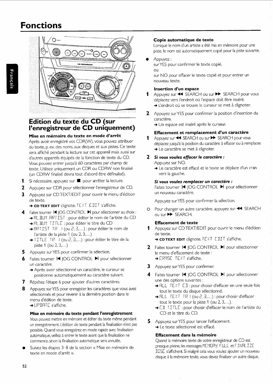 Fonctions, Mise en mémoire du texte en mode d’arrêt, Copie automatique de texte | Effacement de texte, Effacement dans la mémoire | Philips FW-R55 User Manual | Page 52 / 84