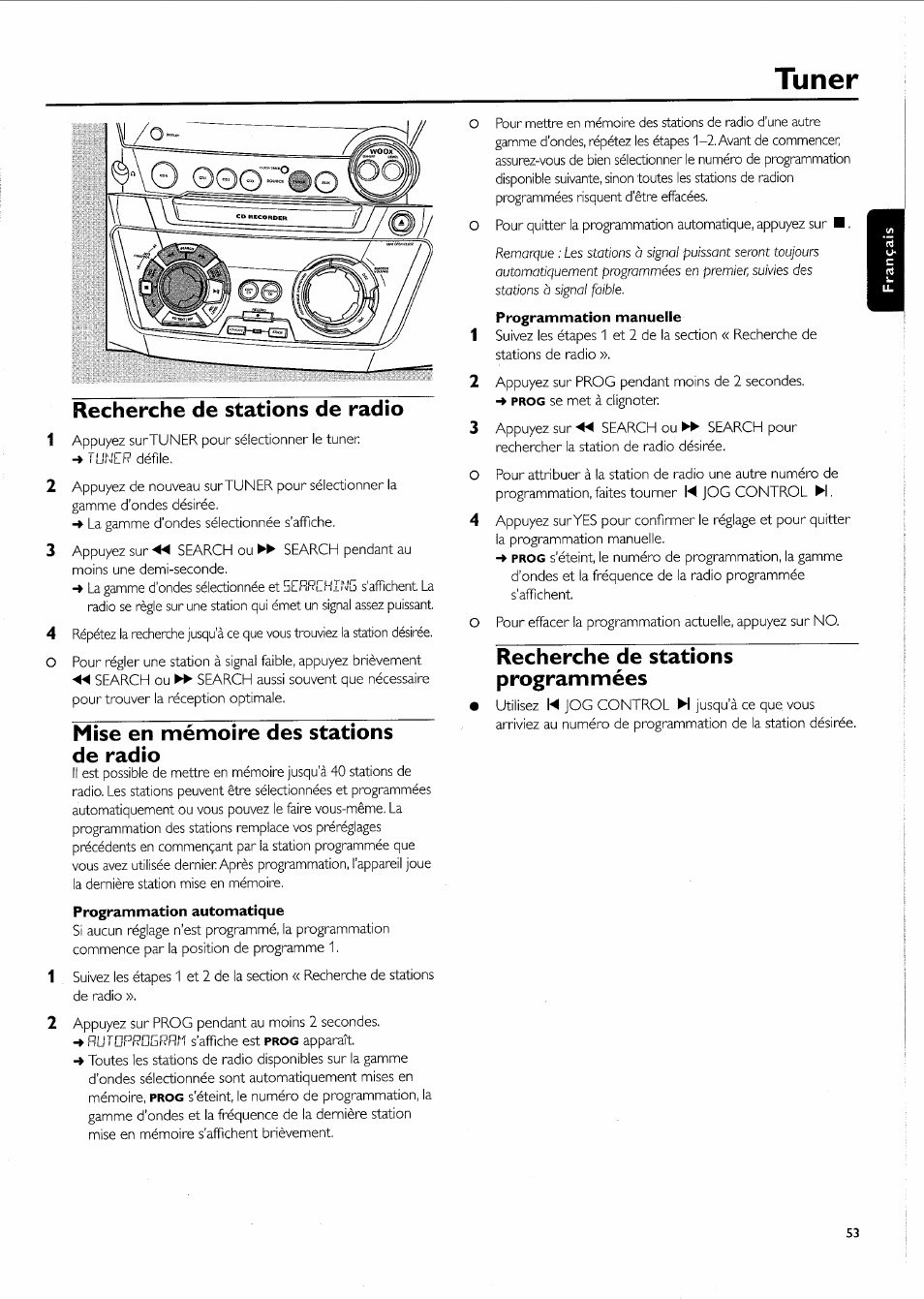 Recherche de stations de radio, Mise en mémoire des stations de radio, Recherche de stations programmées | Tuner | Philips FW-R55 User Manual | Page 53 / 84