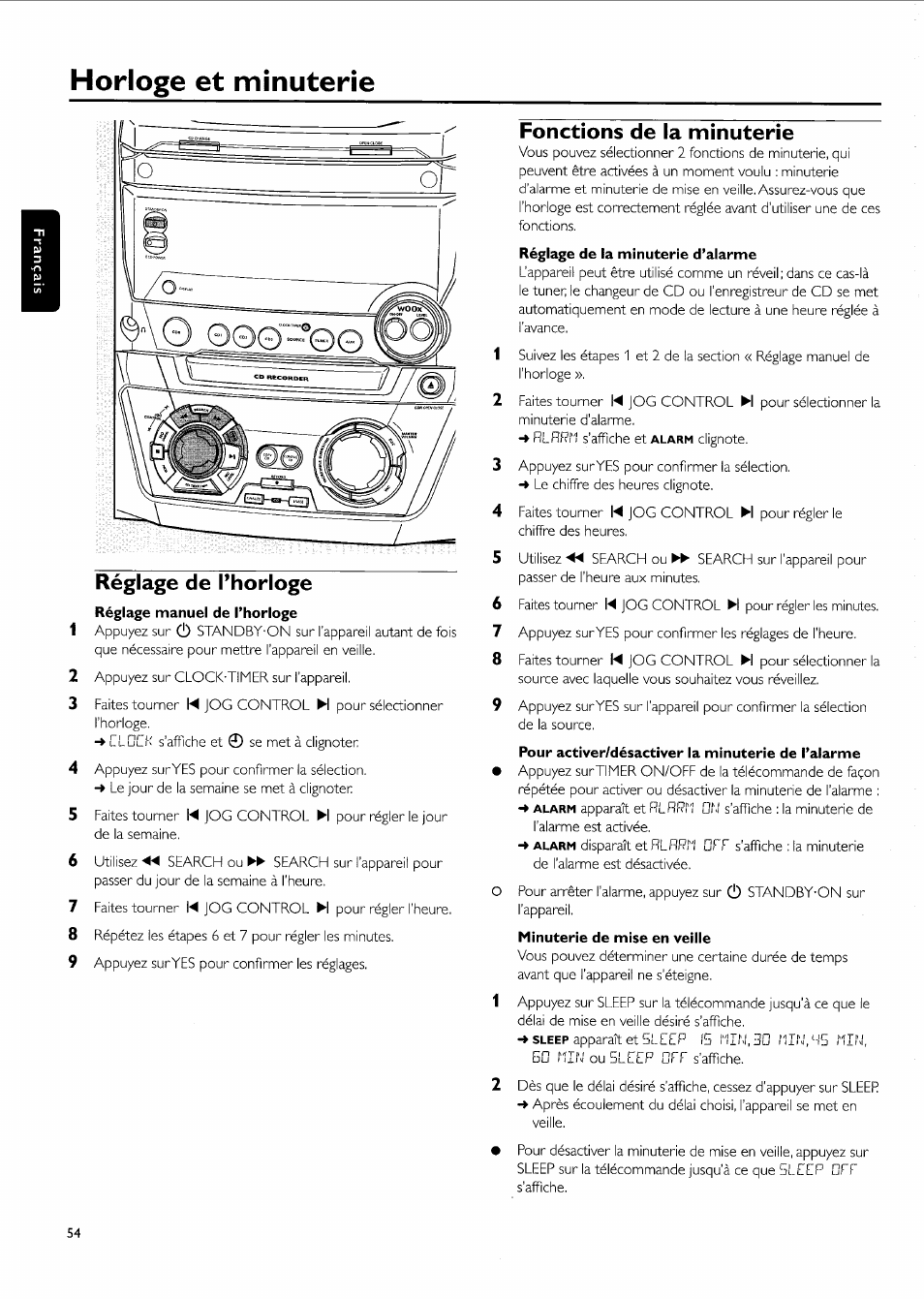 Horloge et minuterie, Réglage de l’horloge, Fonctions de la minuterie | Pour activer/désactiver la minuterie de l’alarme, Minuterie de mise en veille | Philips FW-R55 User Manual | Page 54 / 84