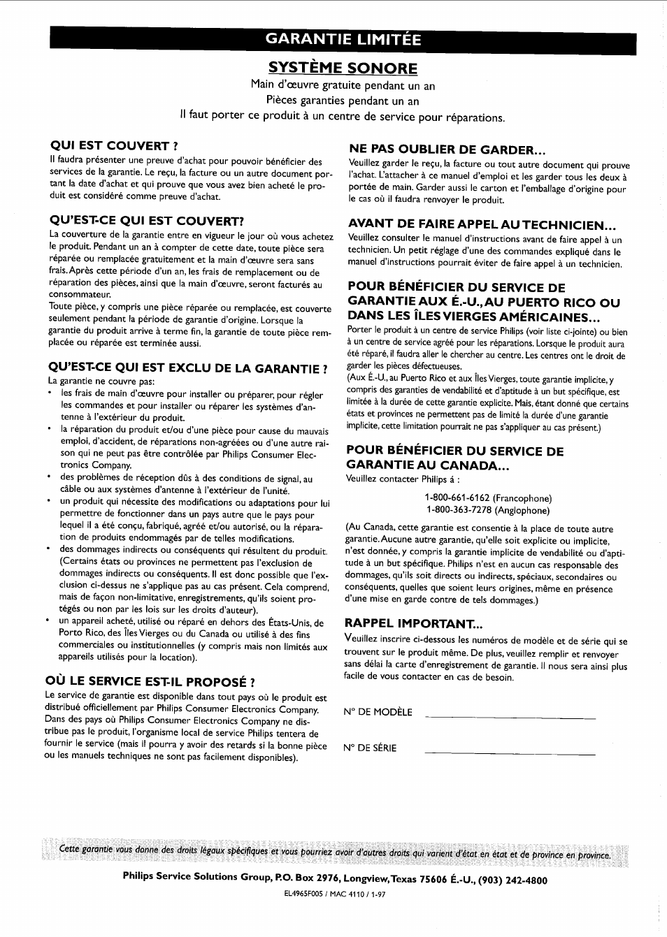 Garantie limitee, Systeme sonore, Garantie limitee systeme sonore | Philips FW-R55 User Manual | Page 56 / 84
