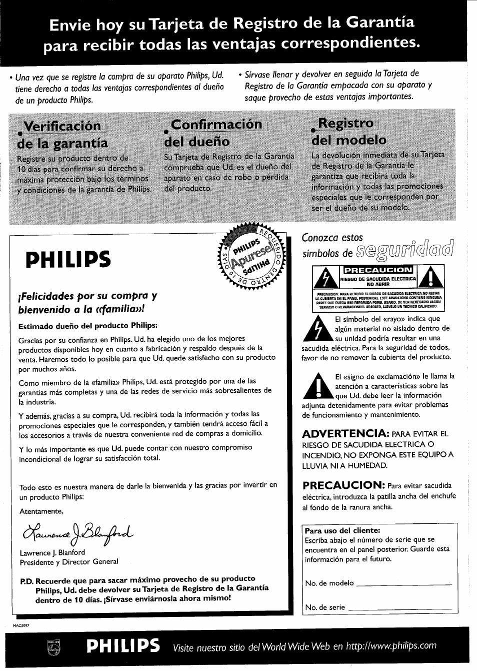 Estimado dueño del producto philips, Para uso del cliente, Philips | Verificación de la garantía, Confirmación del dueño, Registro del modelo, Advertencia, Precaucion | Philips FW-R55 User Manual | Page 57 / 84