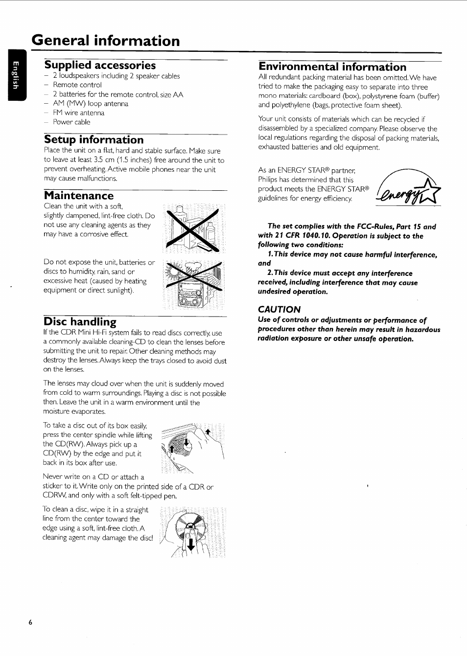 Supplied accessories, Setup information, Maintenance | Disc handling, Environmental information, General information | Philips FW-R55 User Manual | Page 6 / 84