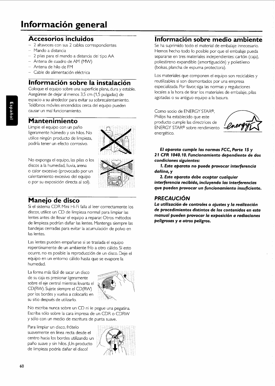 Información general, Accesorios incluidos, Información sobre la instalación | Mantenimiento, Manejo de disco, Información sobre medio ambiente | Philips FW-R55 User Manual | Page 60 / 84