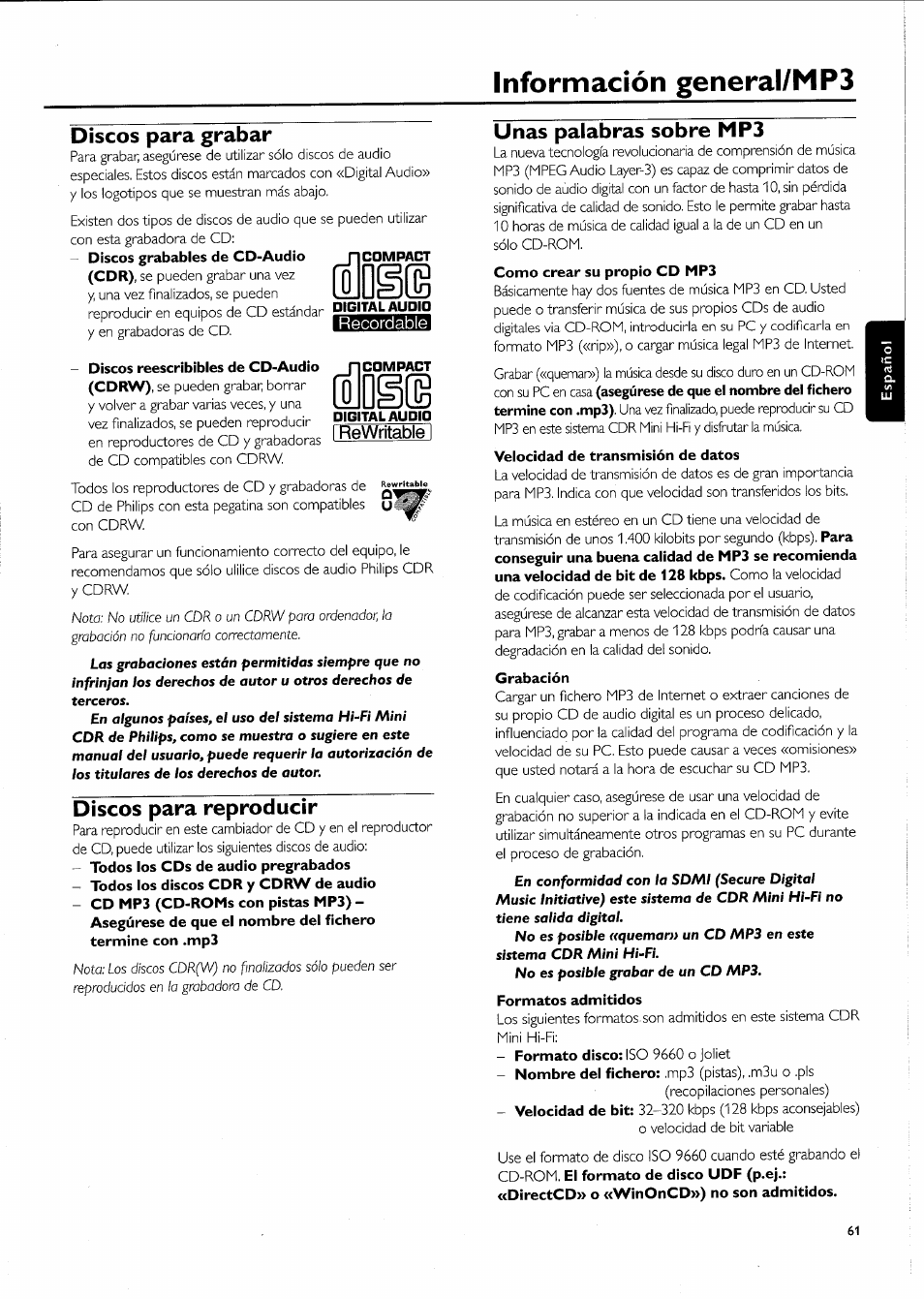 Discos para grabar, Discos para reproducir, Unas palabras sobre mp3 | Velocidad de transmisión de datos, Grabación, Formatos admitidos, Información general/мрз, Rrewritabíel | Philips FW-R55 User Manual | Page 61 / 84