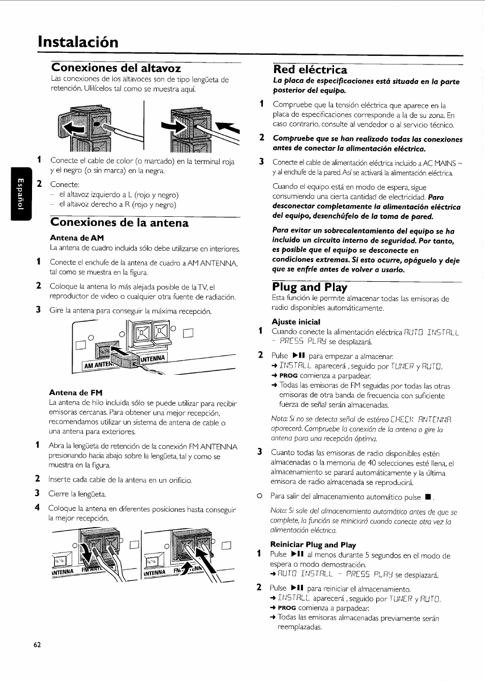 Instalación, Conexiones del altavoz, Conexiones de la antena | Antena de am, Antena de fm, Red eléctrica, Plug and play | Philips FW-R55 User Manual | Page 62 / 84